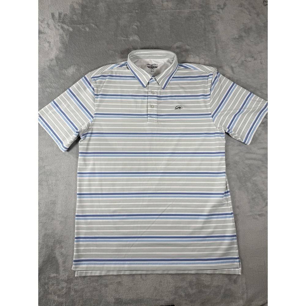 Straight Down Shirt Mens XL Grey White Blue Striped Polo Performance Logo